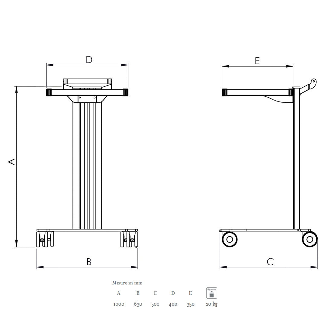 Carrello in alluminio e acciaio EOLO CI123 - Base + 1 ripiano mm 350 x 400 - 1 colonna - Bianca