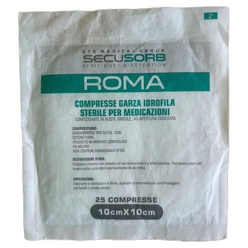 Compresse di garza cotone SECUSORB ROMA cm 10 x 10 - Sterile (bustina da 25 pz.)