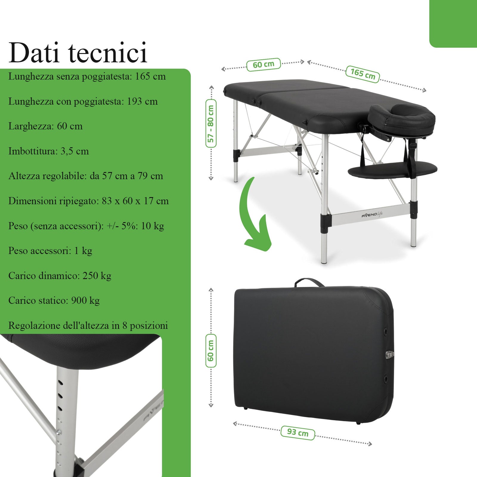 Lettino da massaggio pieghevole in alluminio NINA K515