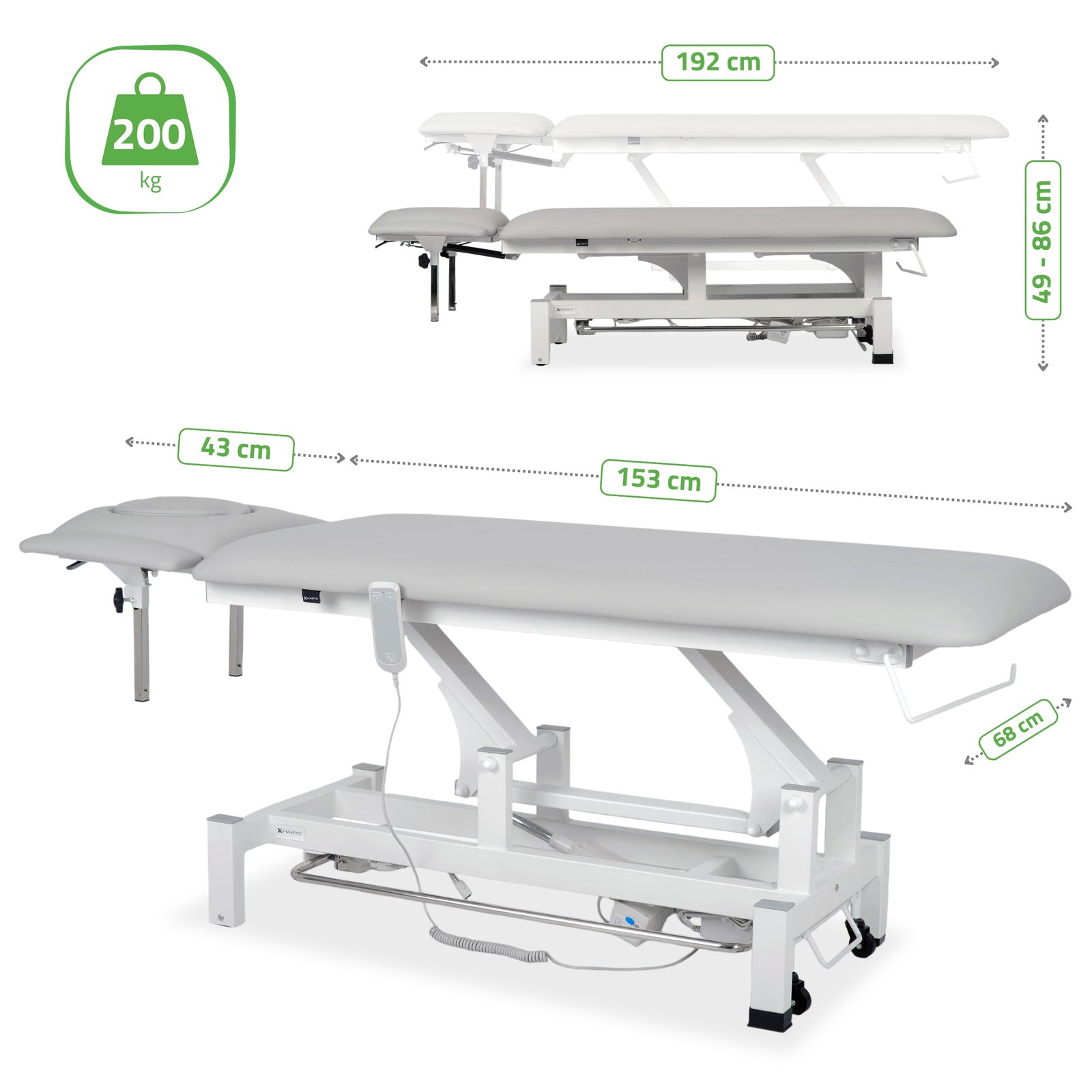 Lettino elettrico ad altezza variabile FORTIS 4 ERGO + Barra di controllo - Grigio Chiaro