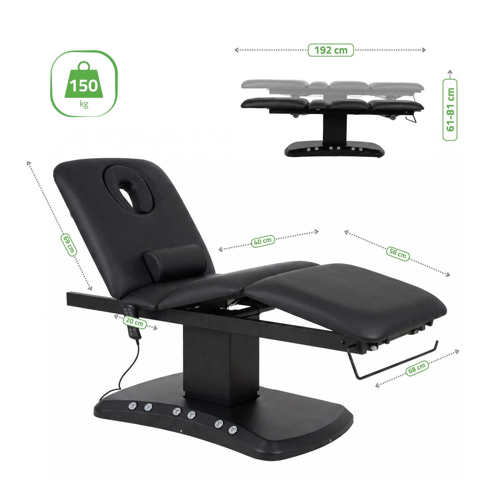 Lettino elettrico riscaldato ad altezza variabile Serenity ERGO 4 - Larghezza 68 cm - Nero