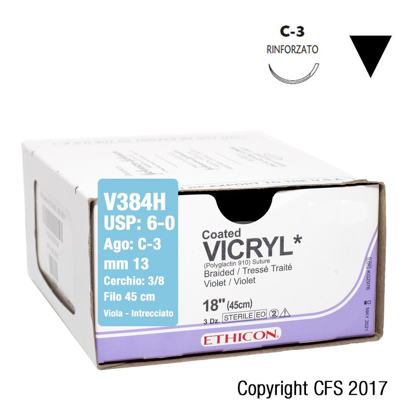 Sutura Ethicon VICRYL V384H - 6-0, Ago 3/8 C-3 mm 13 - Viola (Conf. 36 pz.)