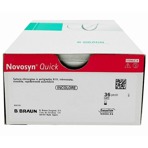 Novosyn Quick suture assorbibili in poliglactina 910, ago 3/8 19mm, USP 4/0 - filo incolore 70cm (conf. 36 pz.)