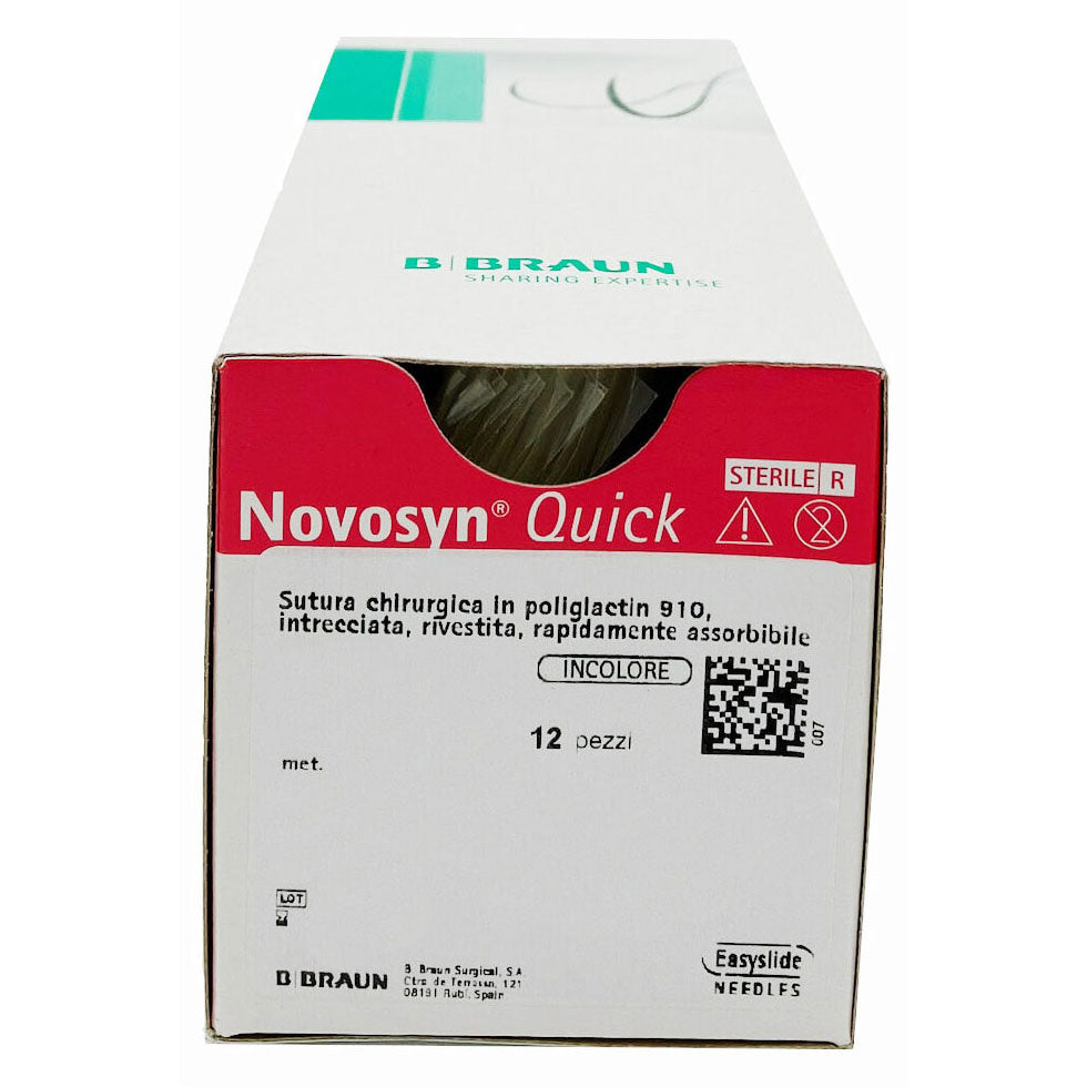 Novosyn Quick suture assorbibili in poliglactina 910, ago 3/8 16mm, USP 4/0 - filo incolore 70cm (conf. 12 pz.)