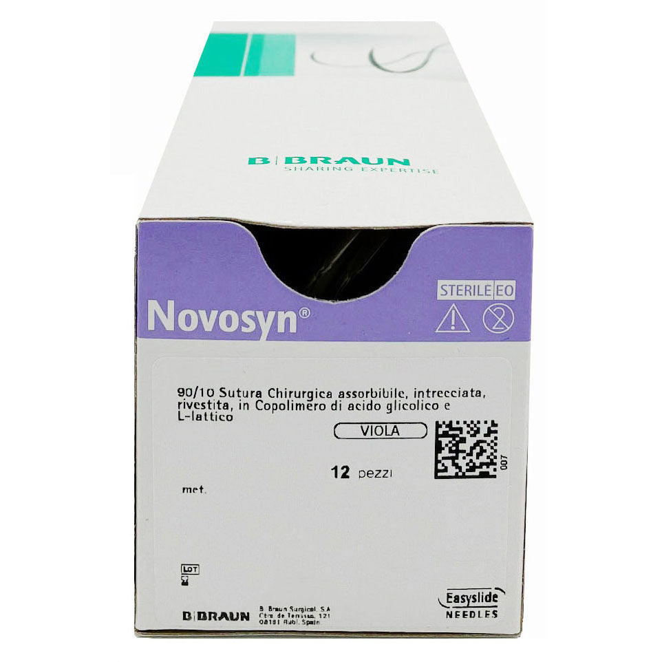 Novosyn suture assorbibili in poliglactina 910, ago doppio 3/8 lanceolato 6mm, USP 8/0 - filo viola 45 cm (conf. 12 pz.)