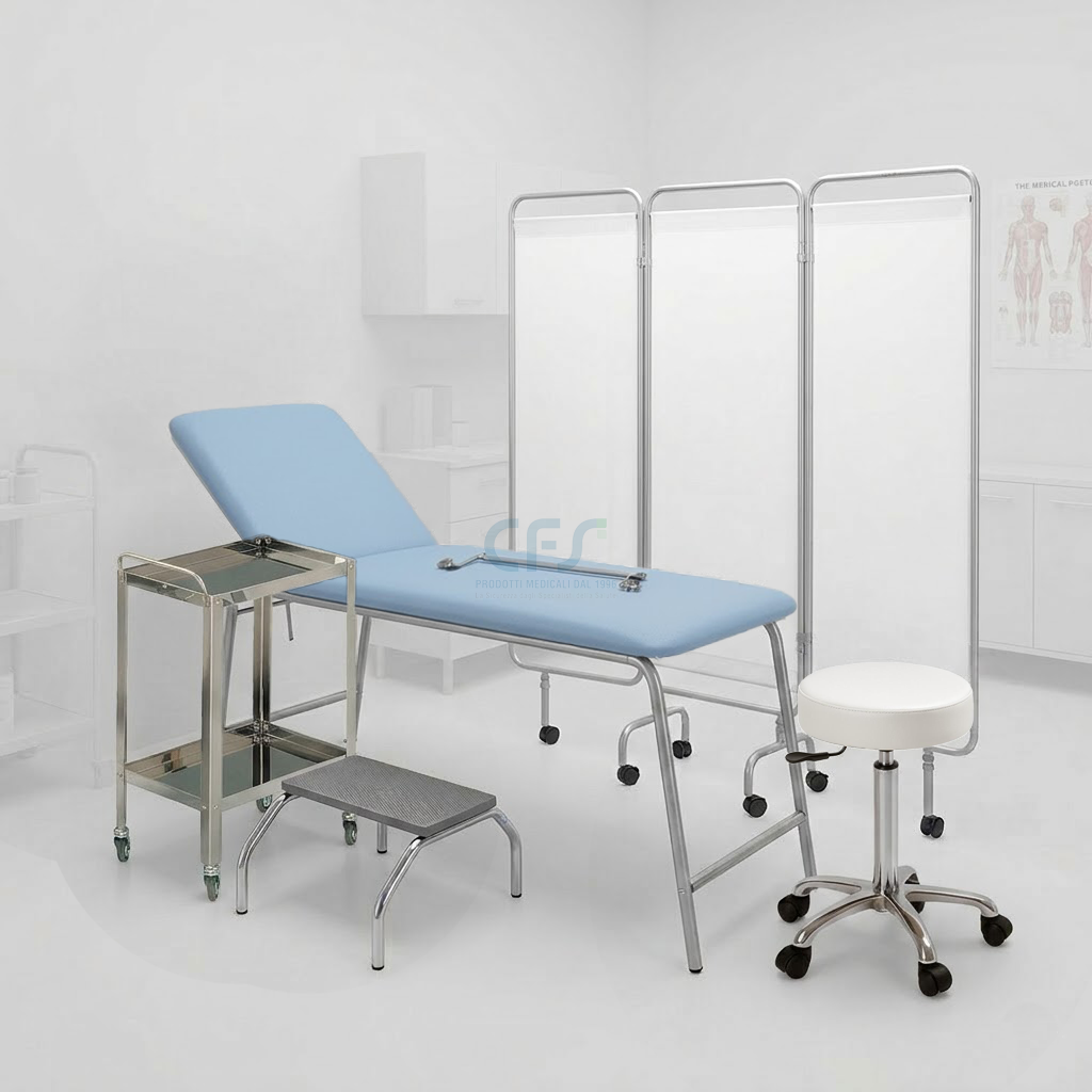 Pacchetto Ambulatorio DOCTOR Luxury - Lettino Azzurro + Sgabello Bianco e Carrello