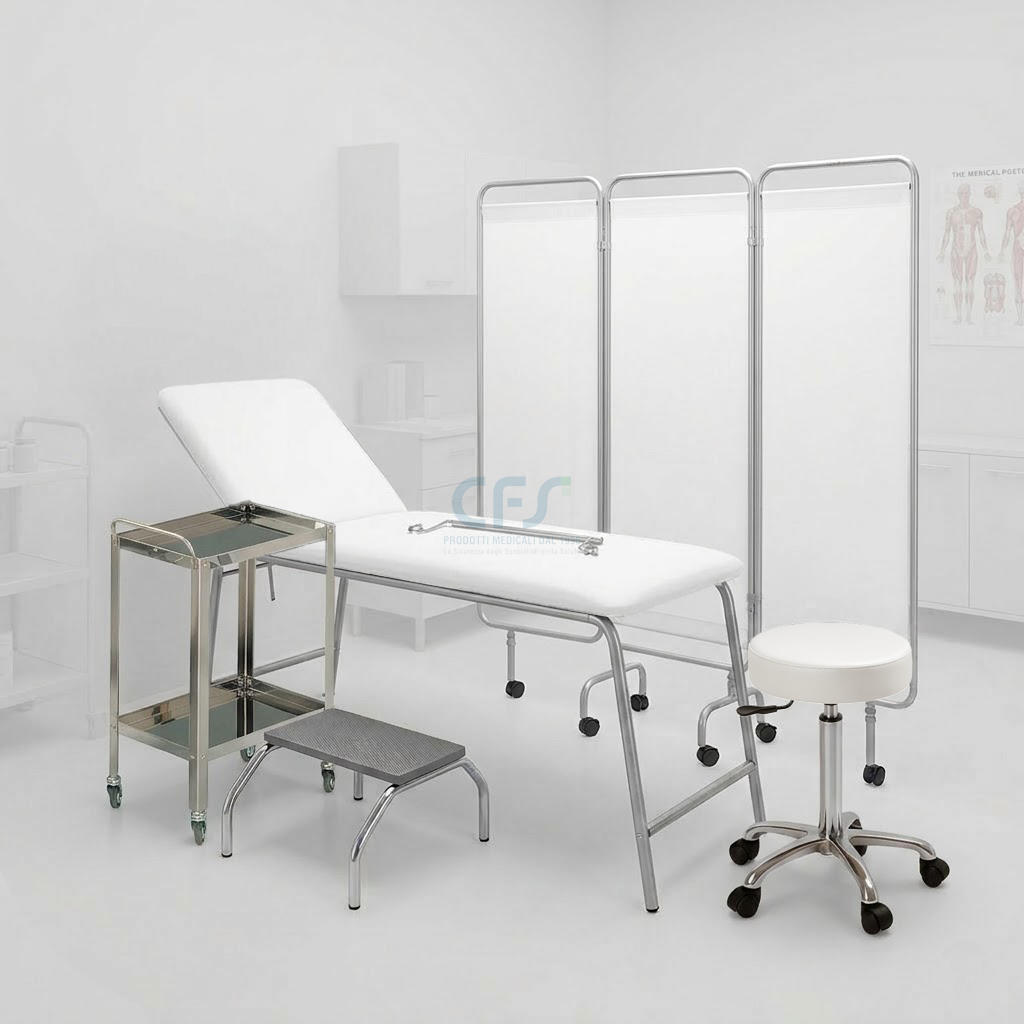 Pacchetto Ambulatorio DOCTOR Luxury - Lettino + Sgabello Bianco e Carrello