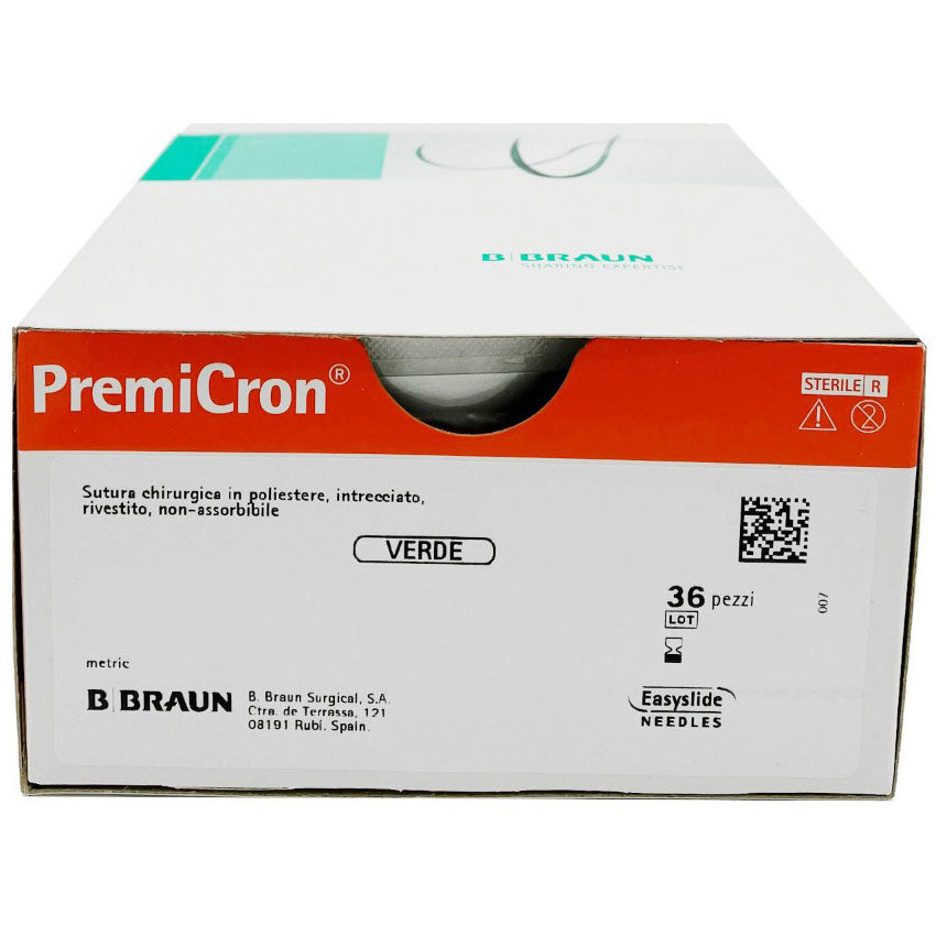 Premicron suture non assorbibili in poliestere tereftalato, ago 3/8 30mm, USP 0 - filo verde 75cm (conf. 36 pz.)
