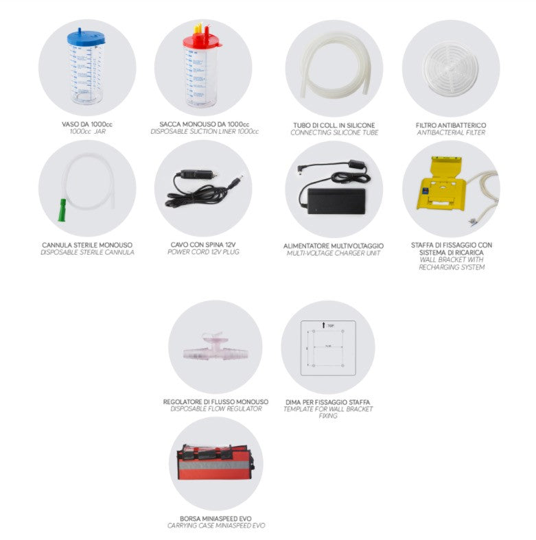 Aspiratore MINI ASPEED Evo Plus a batteria/12V, Staffa per Ambulanza - Vaso da 1 lt