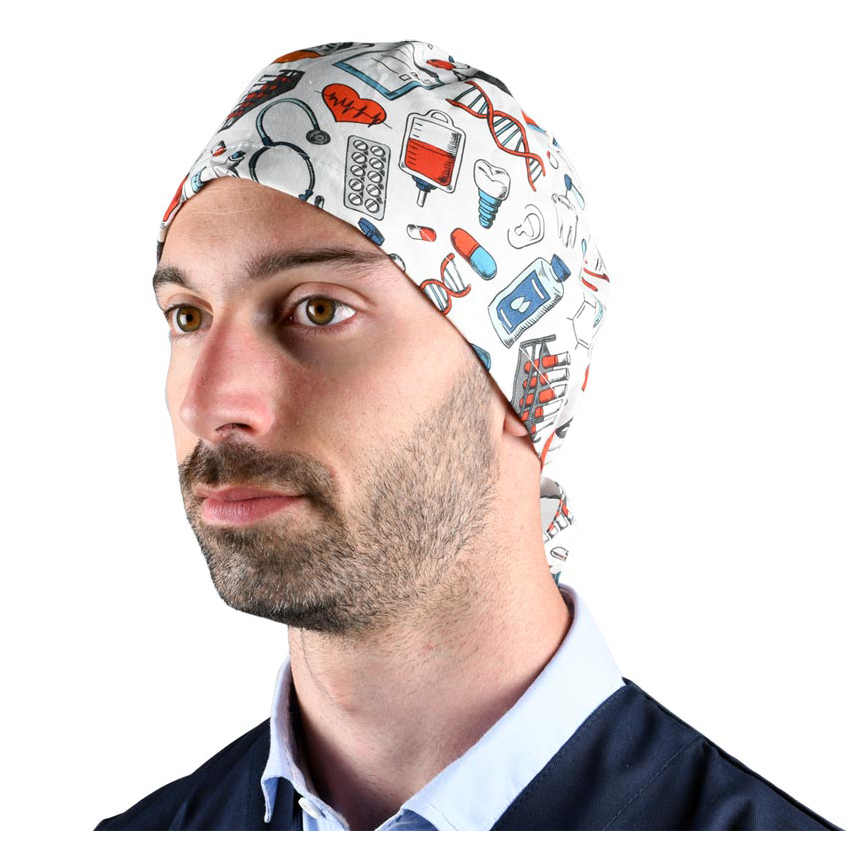 Cappellino Chirurgico Aelin Per Capelli Lunghi - Calotta Medica Unisex In Cotone 100% Traspirante Con Laccio Regolabile, Fantasia Ginecologia Bianca