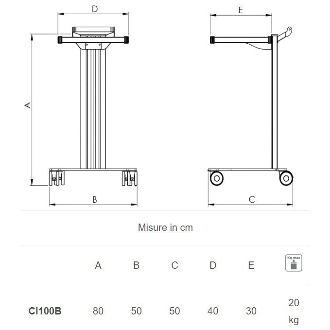 Carrello in alluminio e acciaio EOLO CI100 - Base + 1 ripiano mm 300 x 400