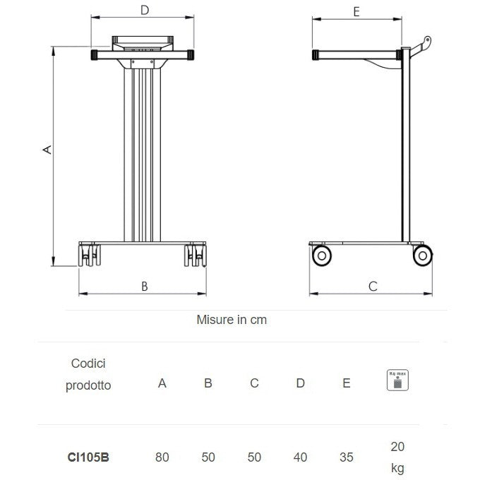 Carrello in alluminio e acciaio EOLO CI105 - Base + 1 ripiano mm 350 x 400