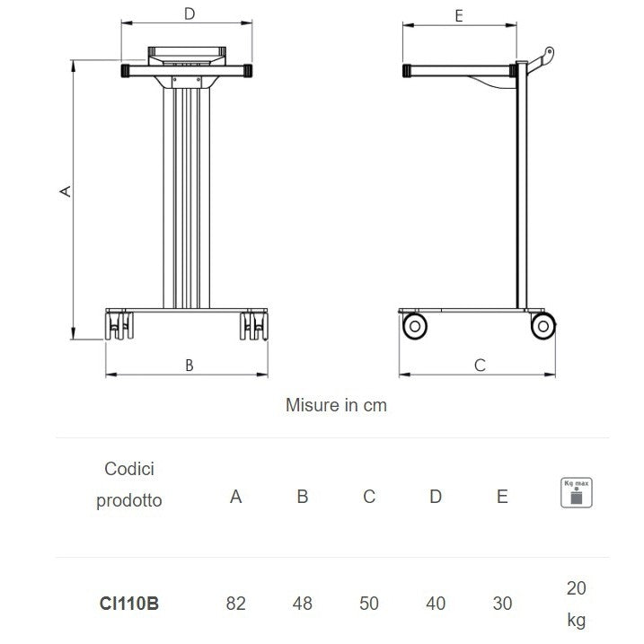 Carrello in alluminio e acciaio EOLO CI110 - Base + 1 ripiano mm 300 x 400