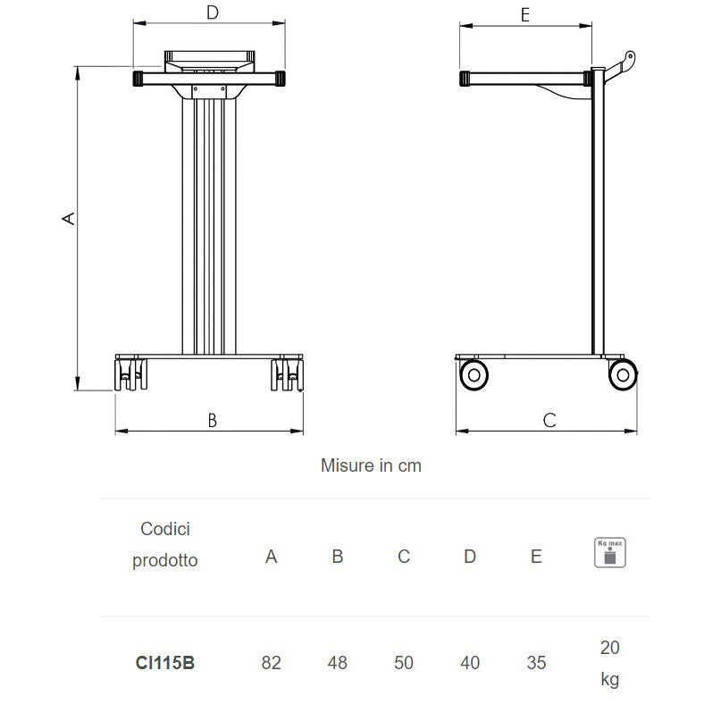 Carrello in alluminio e acciaio EOLO CI115 - Base + 1 ripiano mm 350 x 400