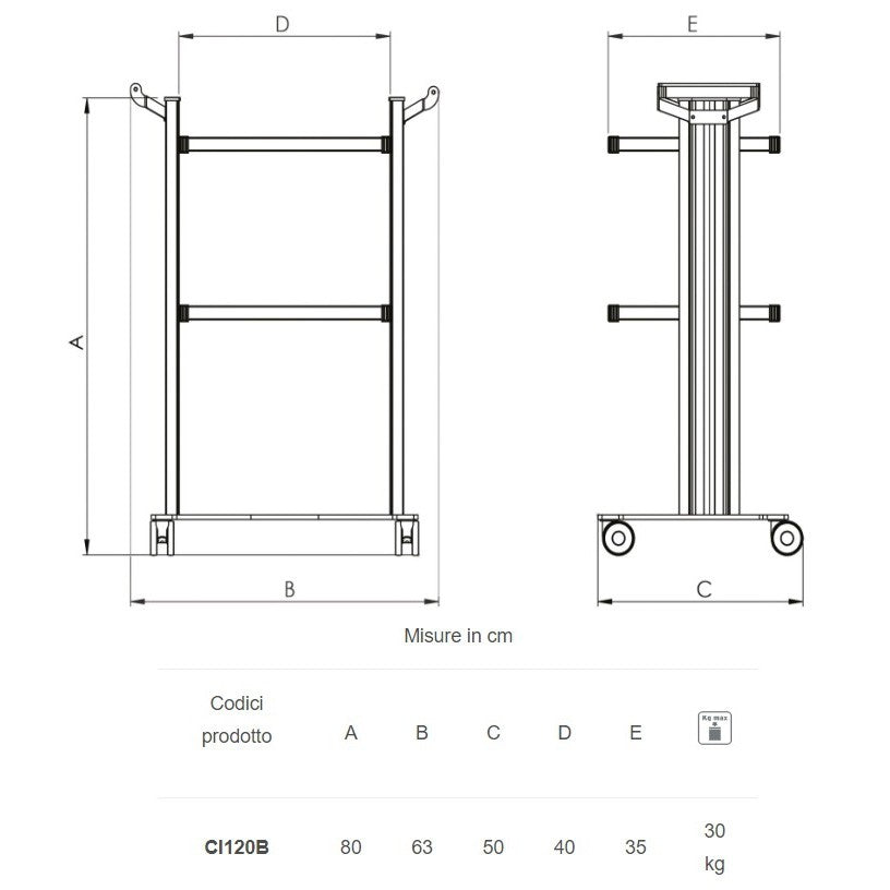 Carrello in alluminio e acciaio EOLO CI120 - Base + 2 ripiani mm 350 x 400