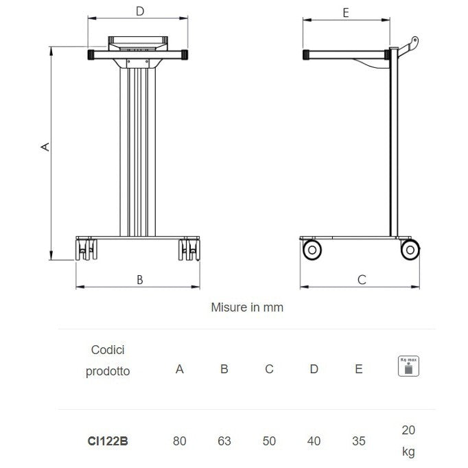 Carrello in alluminio e acciaio EOLO CI122 - Base + 1 ripiano mm 350 x 400