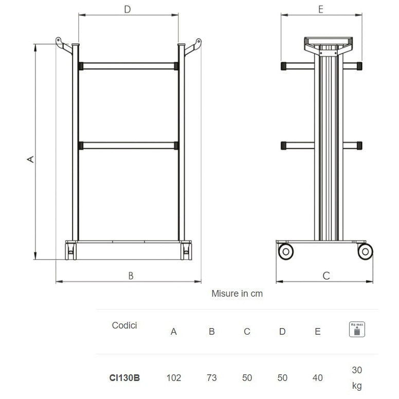 Carrello in alluminio e acciaio EOLO CI130 - Base + 2 ripiani mm 400 x 500