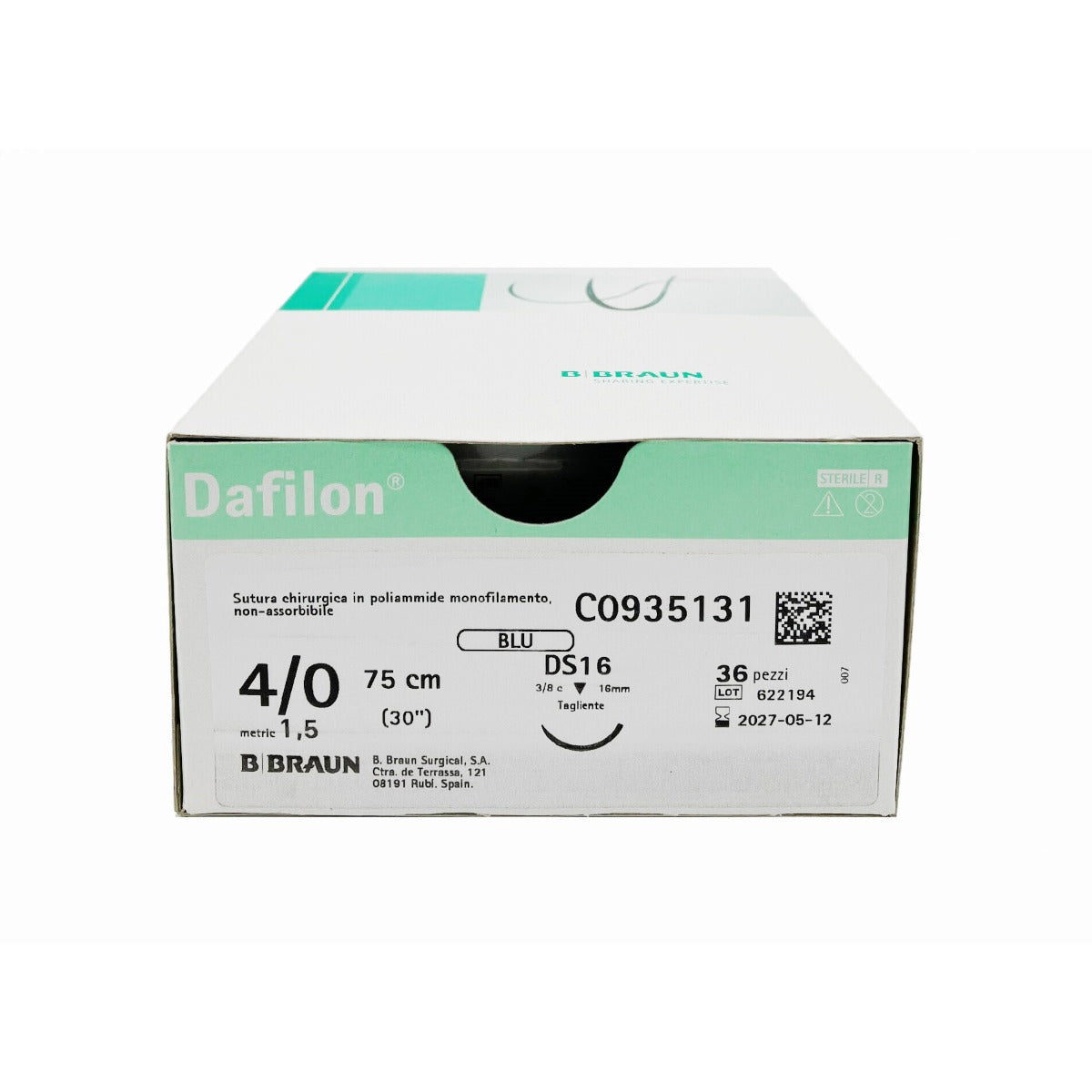 Dafilon suture non assorbibili in nylon, ago 3/8 24mm, USP 2/0 - filo blu 75cm (conf. 36 pz.)