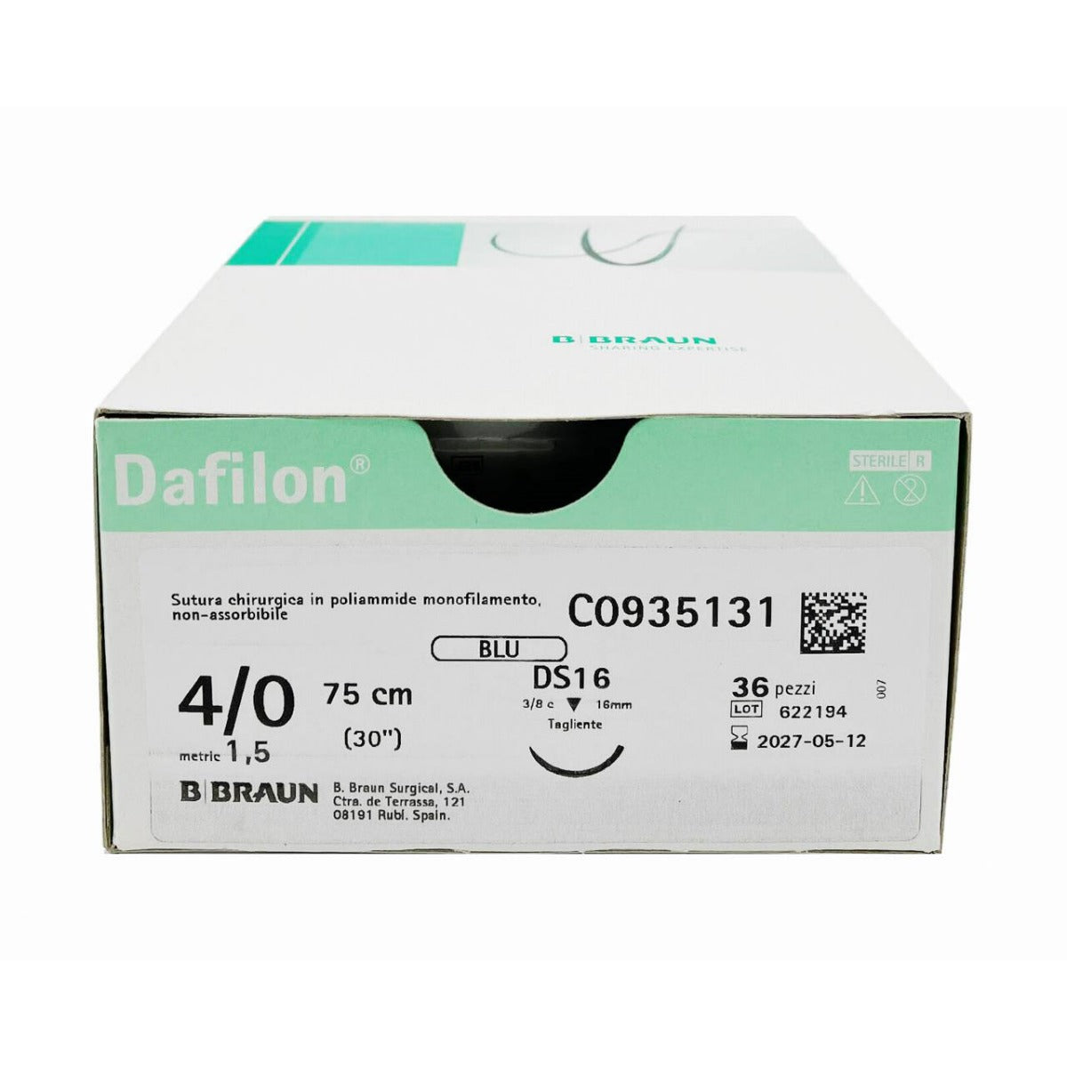 Dafilon suture non assorbibili in nylon, ago 3/8 16mm, USP 6/0 - filo blu 45cm (conf. 36 pz.)