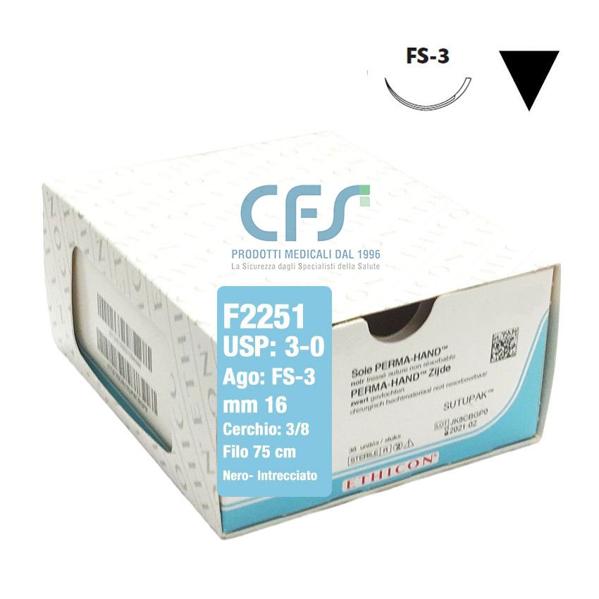 Sutura Ethicon Seta PERMA-HAND F2251 - 3-0, Ago 3/8 FS-3 mm 16 - Nero (Conf. 36 pz.)