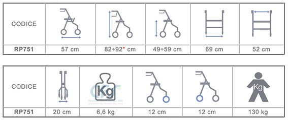 Deambulatore pieghevole RP751 - 2 ruote fisse con freni e 2 ruote piroettanti con blocco
