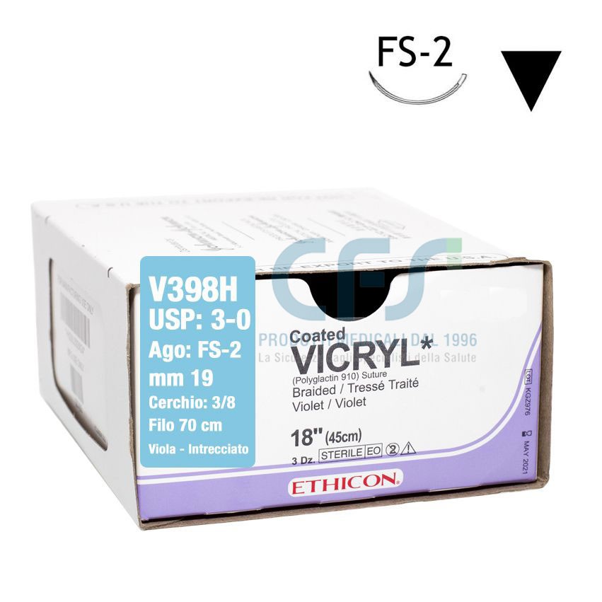 Sutura Ethicon VICRYL V398H - 3-0, Ago 3/8 FS-2 mm 19 - Viola (Conf. 36 pz.)