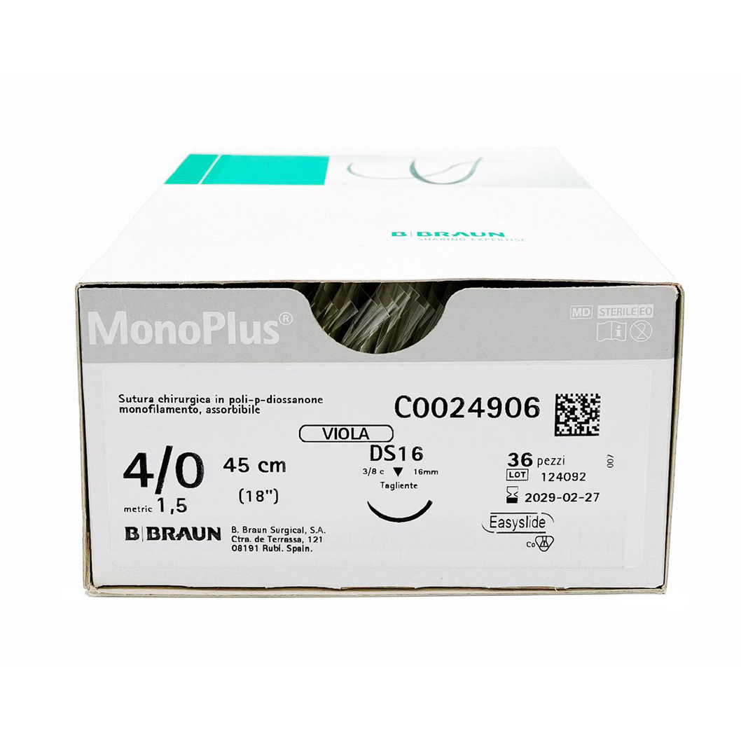 MonoPlus suture assorbibili in polidiossanone, ago 3/8 19mm, USP 3/0 - filo viola 70cm (36 pz.)