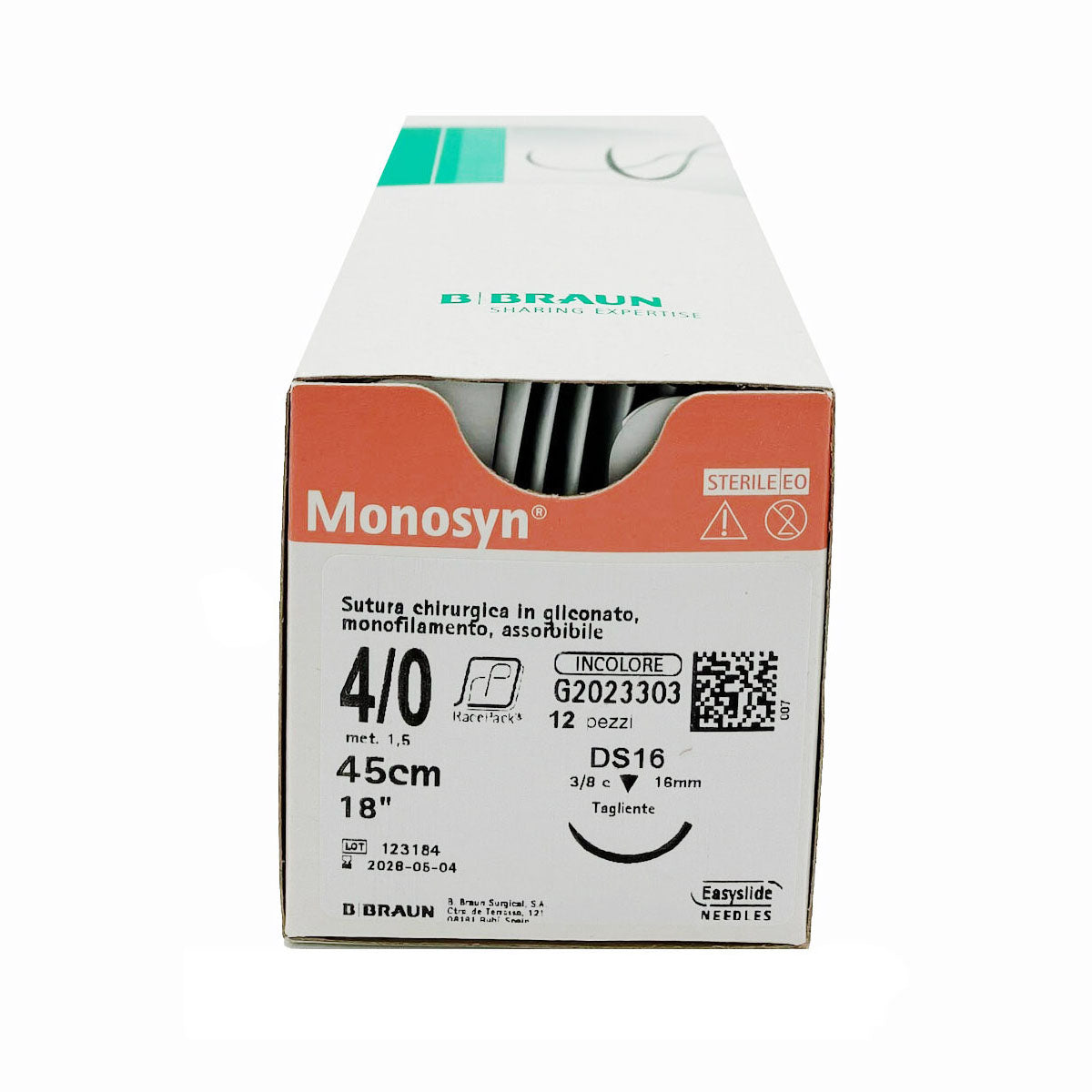 Monosyn suture assorbibili in gliconato, ago 3/8 12mm, USP 6/0 - filo incolore 70cm (conf. 12 pz.)