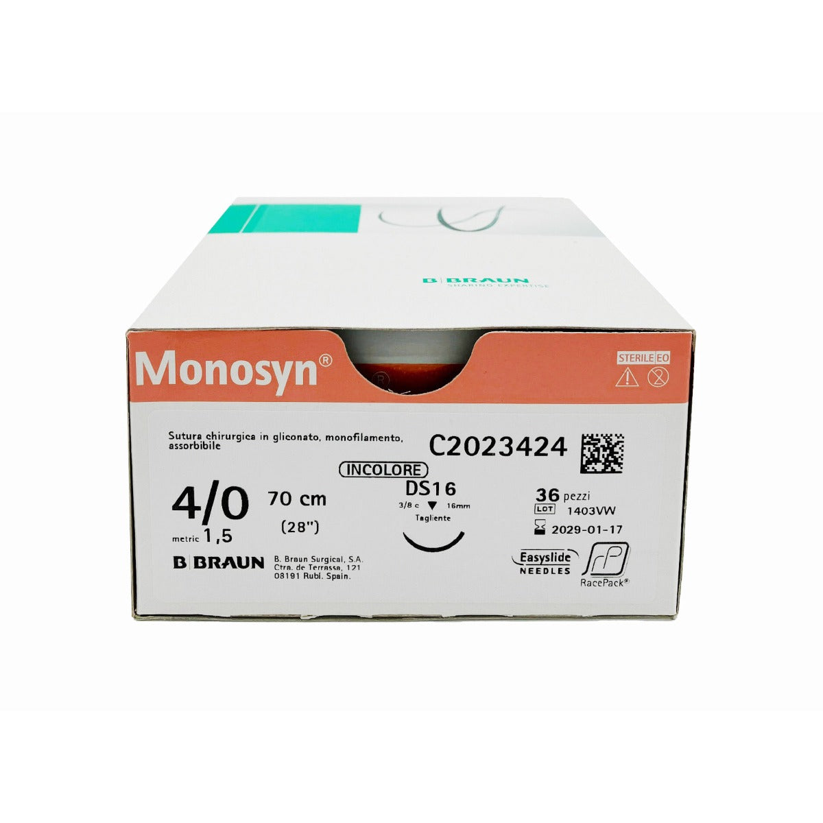 Monosyn suture assorbibili in gliconato, ago 3/8 di precisione 16mm, USP 4/0 - filo incolore 45 cm (conf. 36 pz.)