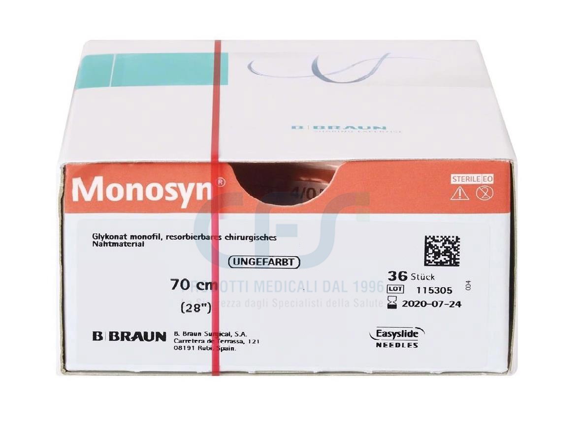 Monosyn suture assorbibili in gliconato, ago 3/8 12mm, USP 5/0 - filo incolore 70cm (conf. 36 pz.)
