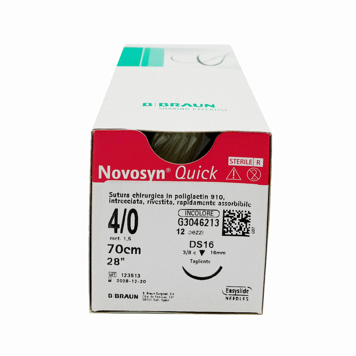 Novosyn Quick suture assorbibili in poliglactina 910, ago 3/8 19mm, USP 4/0 - filo incolore 70 cm (conf. 12 pz.)