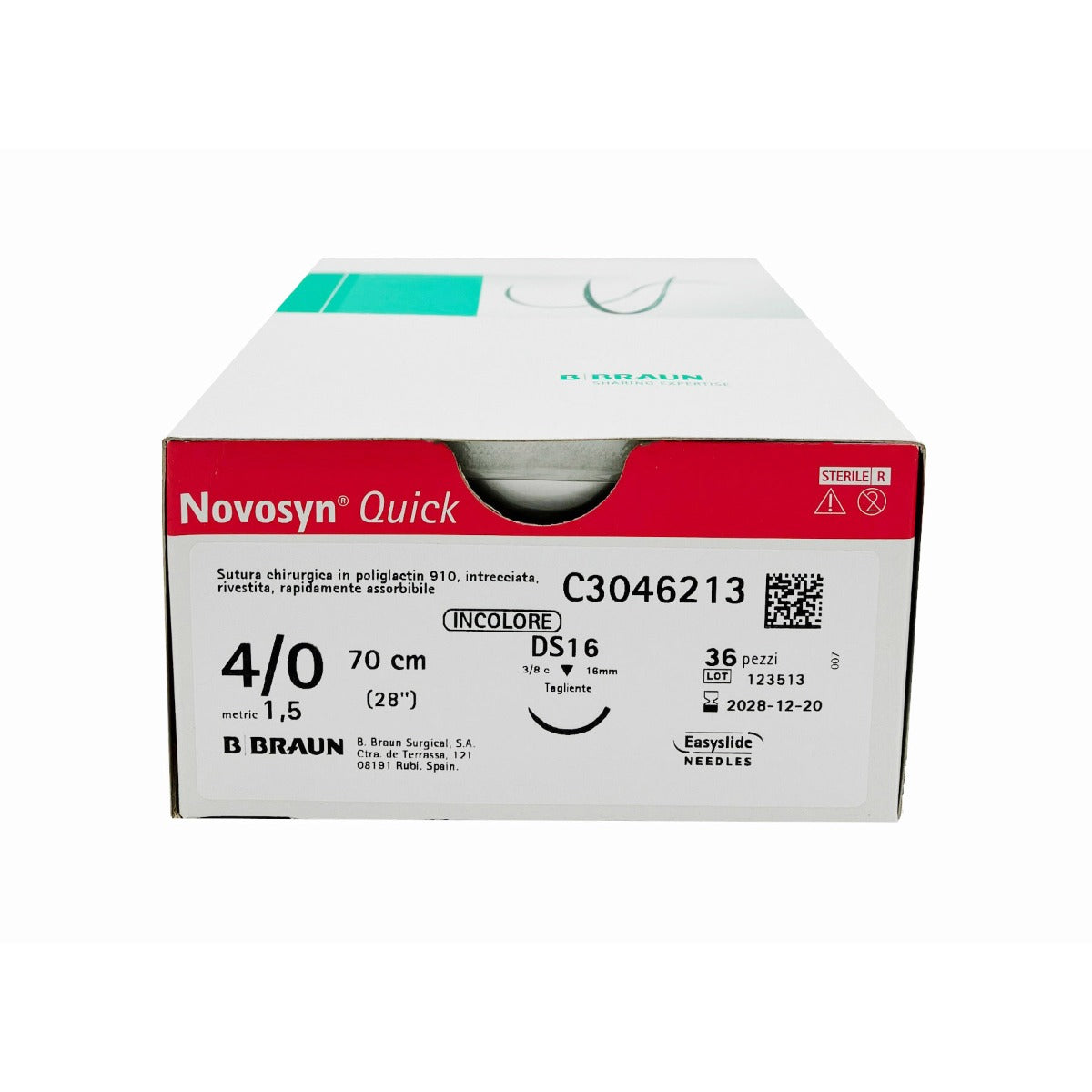Novosyn Quick suture assorbibili in poliglactina 910, ago 3/8 19mm, USP 5/0 - filo incolore 45 cm (conf. 36 pz.)