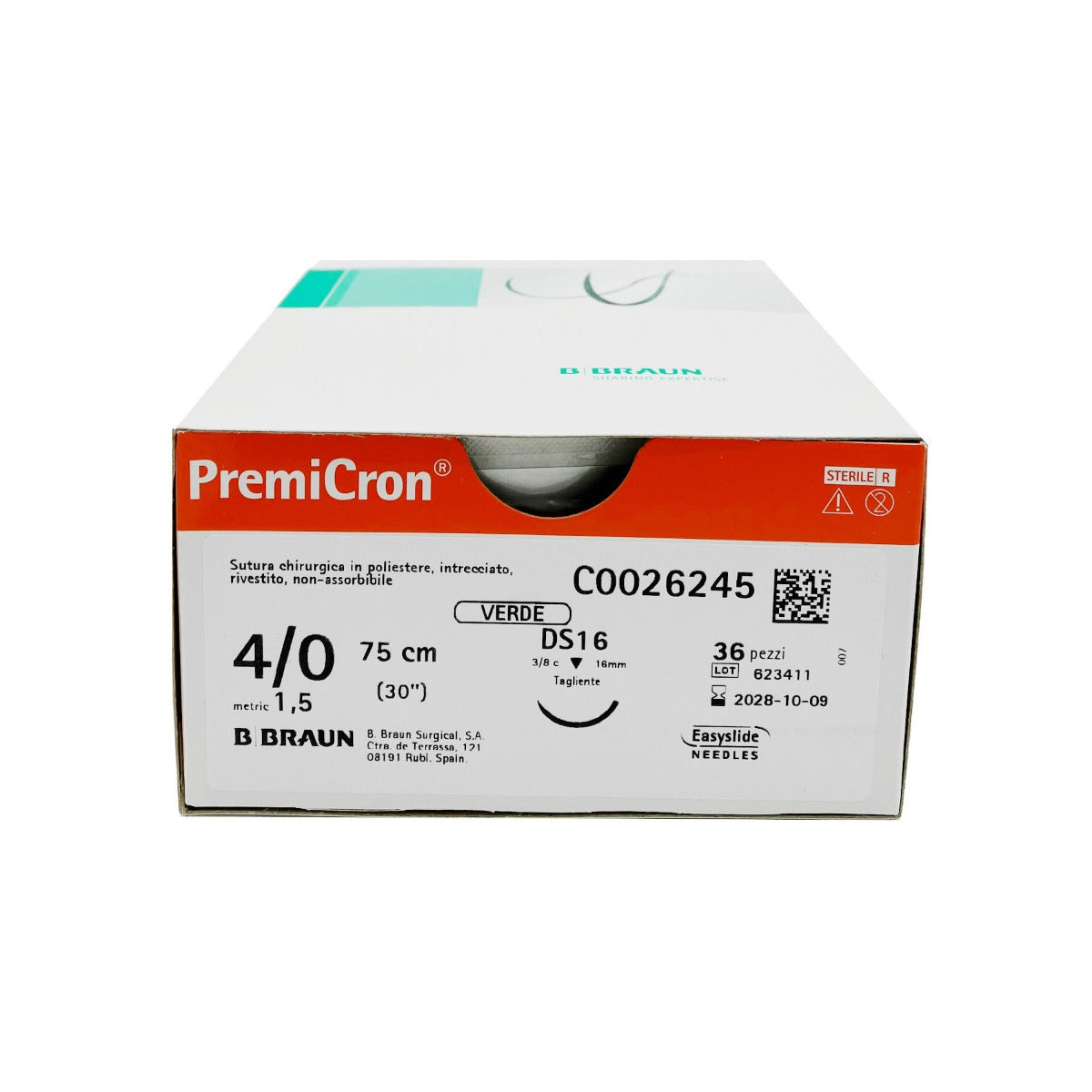Premicron suture non assorbibili in poliestere tereftalato, ago 3/8 16mm, USP 4/0 - filo verde 75cm (conf. 36 pz.)