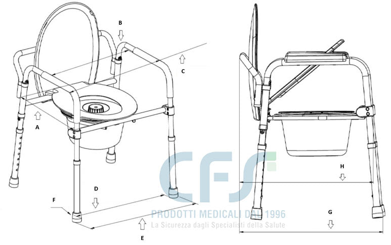 Sedia comoda WC in alluminio CLASSIC a 4 funzioni - Pieghevole