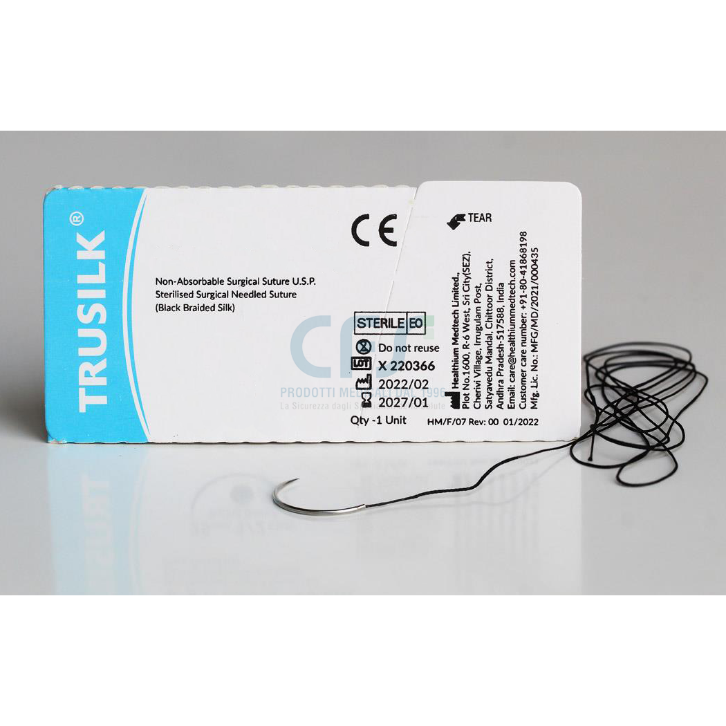 Sutura Healthium TRUSILK, ago 1/2 30mm, USP 0 - filo nero 76cm (conf. 12 pz.)