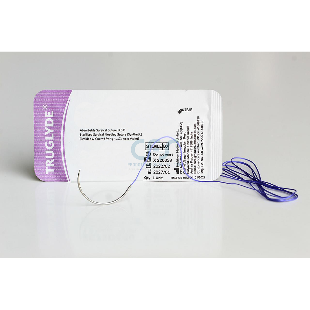 Sutura Healthium TRUGLYDE, ago 3/8 19mm, USP 4/0 - filo viola 45cm (conf. 12 pz.)