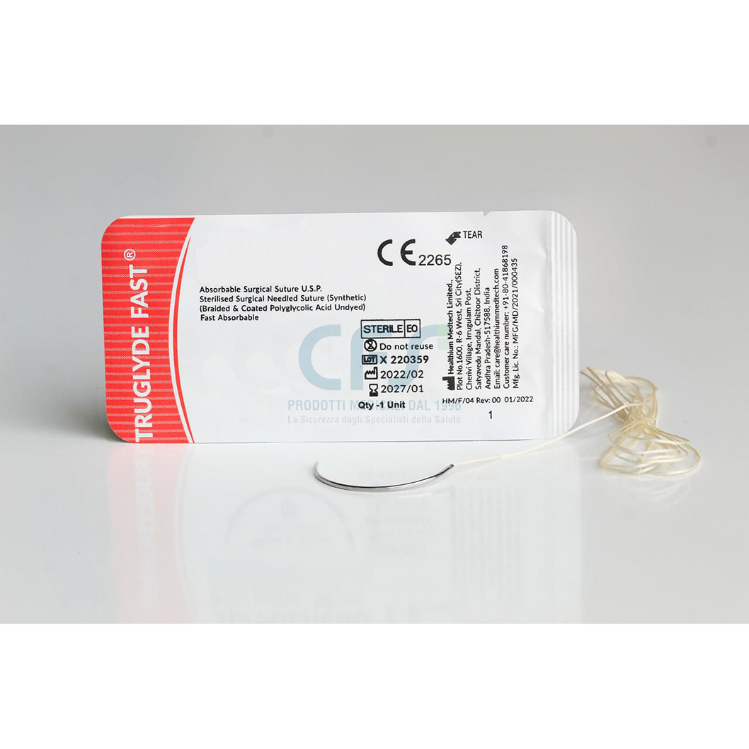 Sutura Healthium TRUGLYDE FAST, ago 3/8 24mm, USP 3/0 - filo incolore 70cm (conf. 12 pz.)