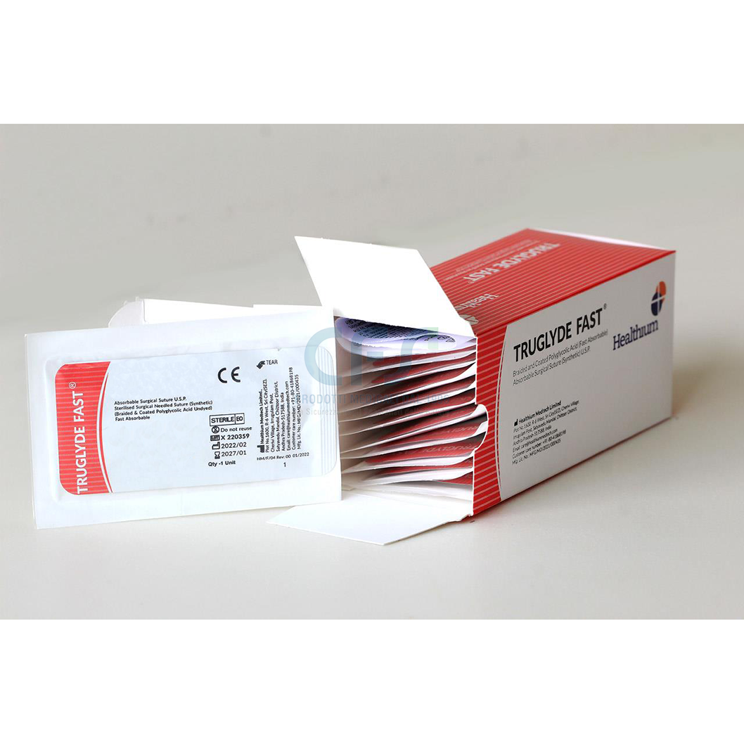 Sutura Healthium TRUGLYDE FAST, ago 1/2 35mm, USP 2/0 - filo incolore 75cm (conf. 12 pz.)