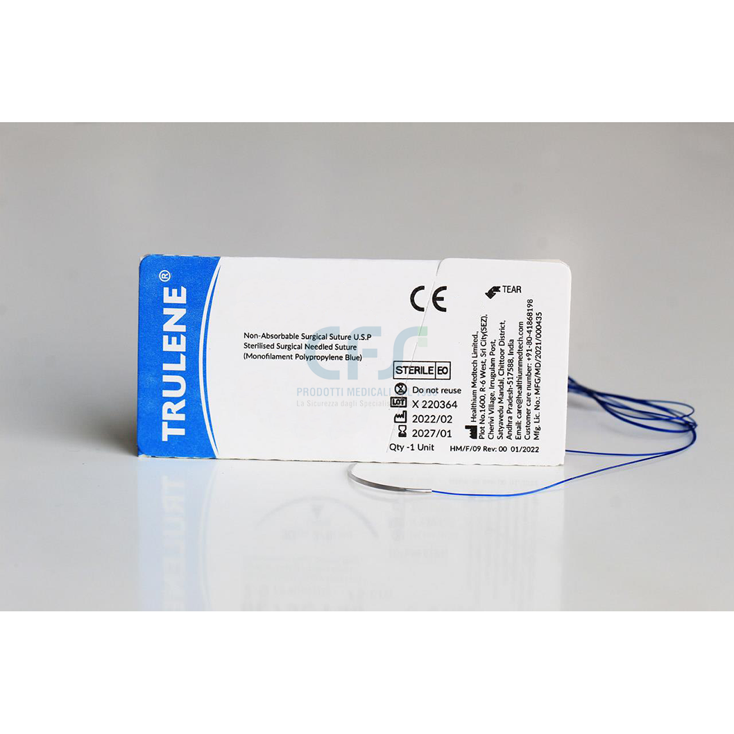 Sutura Healthium TRULENE, ago 3/8 19mm, USP 4/0 - filo blu 45cm (conf. 12 pz.)
