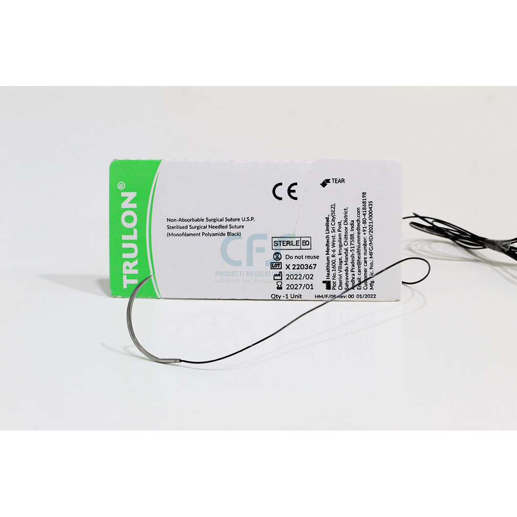 Sutura Healthium TRULON, ago 3/8 45mm, USP 2/0 - filo nero 70cm (conf. 12 pz.)