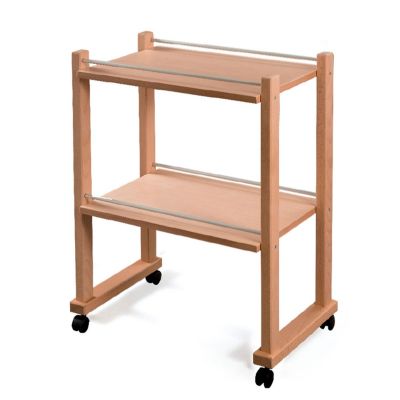 Carrello in legno massello con ruote - 2 ripiani con ringhierino
