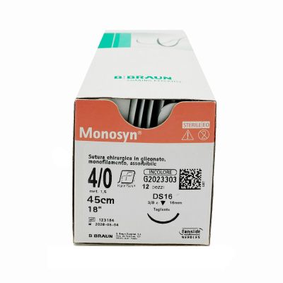 Monosyn suture assorbibili in gliconato, ago 3/8 19mm, USP 5/0 - filo incolore 70cm (conf. 12 pz.)