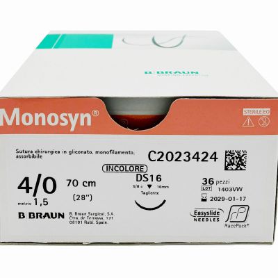 Monosyn suture assorbibili in gliconato, ago 3/8 di precisione 19mm, USP 3/0 - filo incolore 45 cm (conf. 36 pz.)